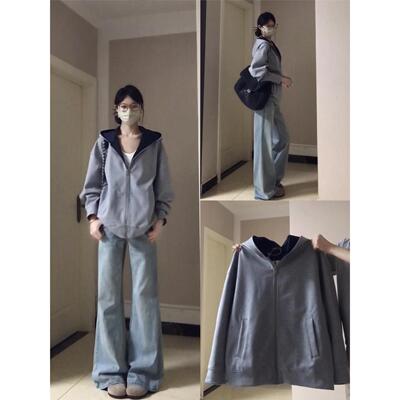 灰色撞色连帽卫衣外套女