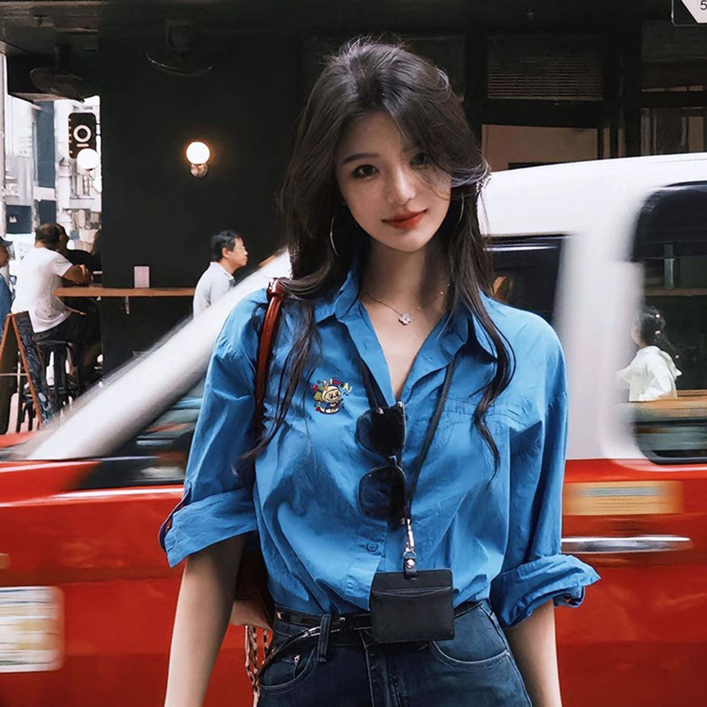 覆古港风蓝色长袖衬衫女夏季薄款小个子防晒衬衫宽松休闲 翻领上