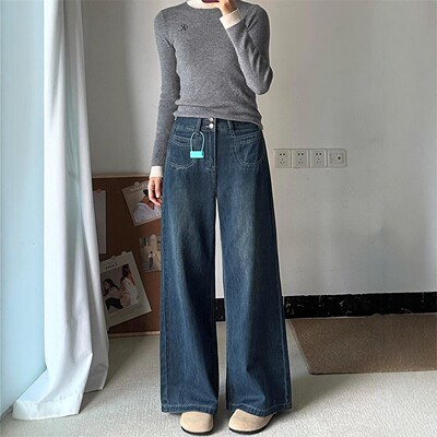 复古高腰阔腿牛仔裤女秋