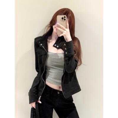 覆古黑色麂皮绒外套女春