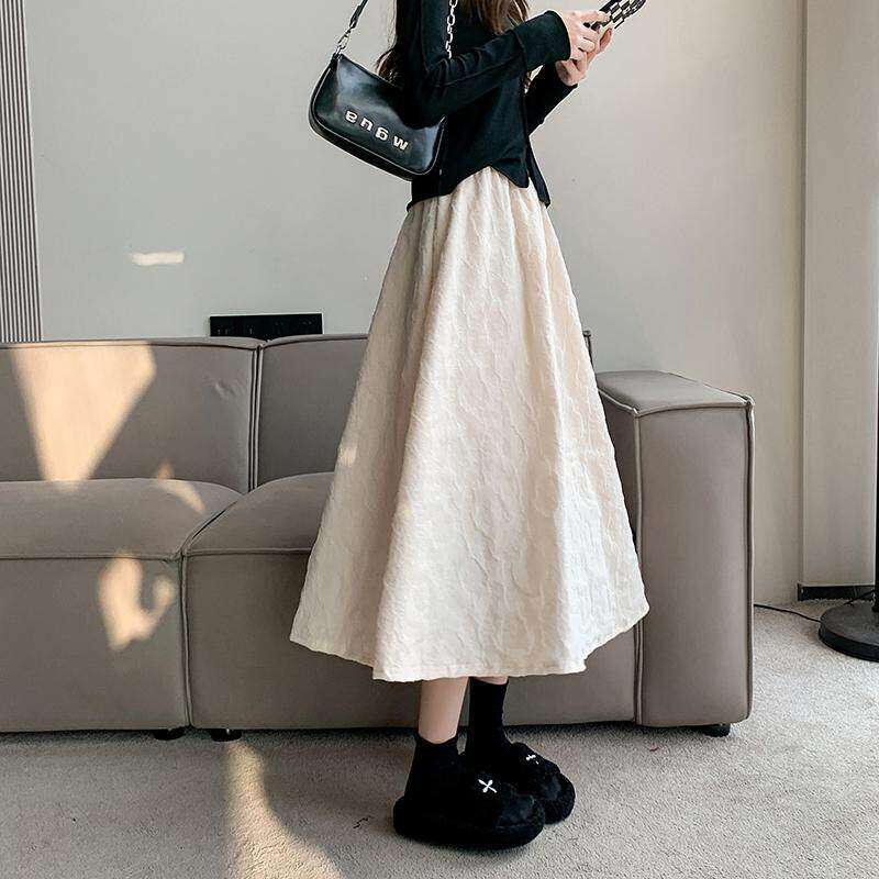 法式白色半身裙女春秋季小个子高腰垂感a字伞裙松紧腰中长版裙子