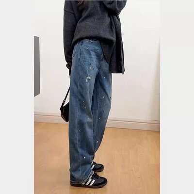 泼墨烫钻阔腿牛仔裤女202