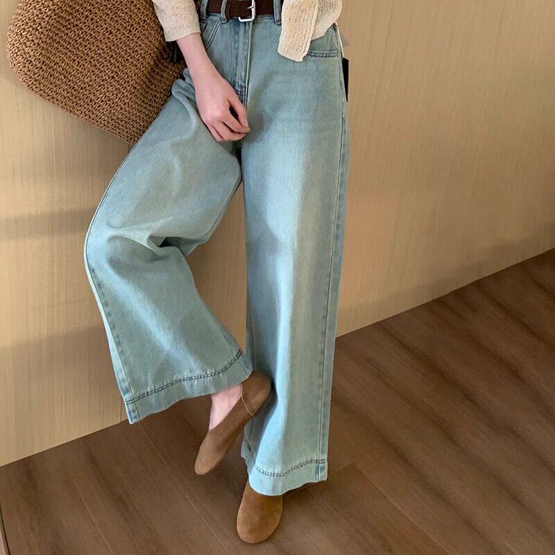 浅蓝色阔腿牛仔裤女2025年春季新款大码胖mm宽松显瘦复古直筒裤子