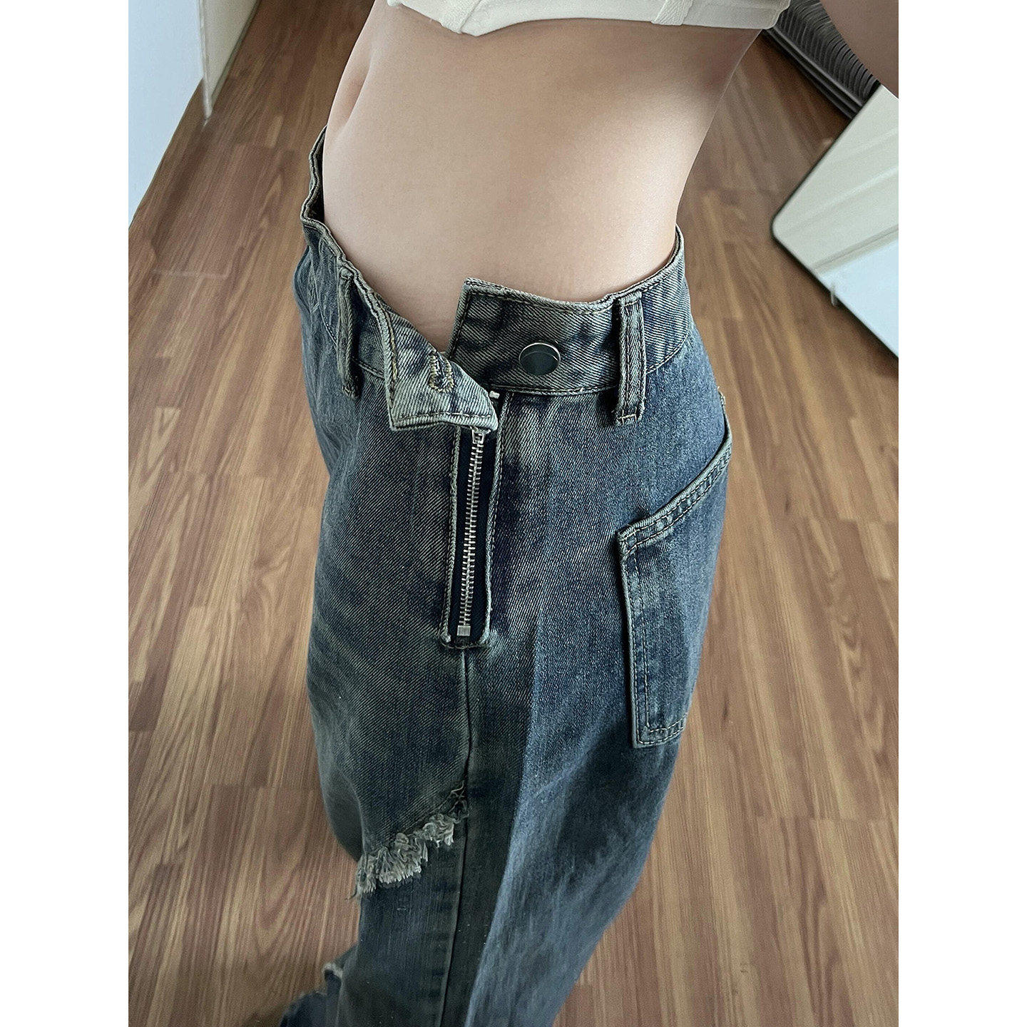 美式复古花边蝴蝶结侧边拉链直筒牛仔裤女春秋设计感宽松阔腿裤潮