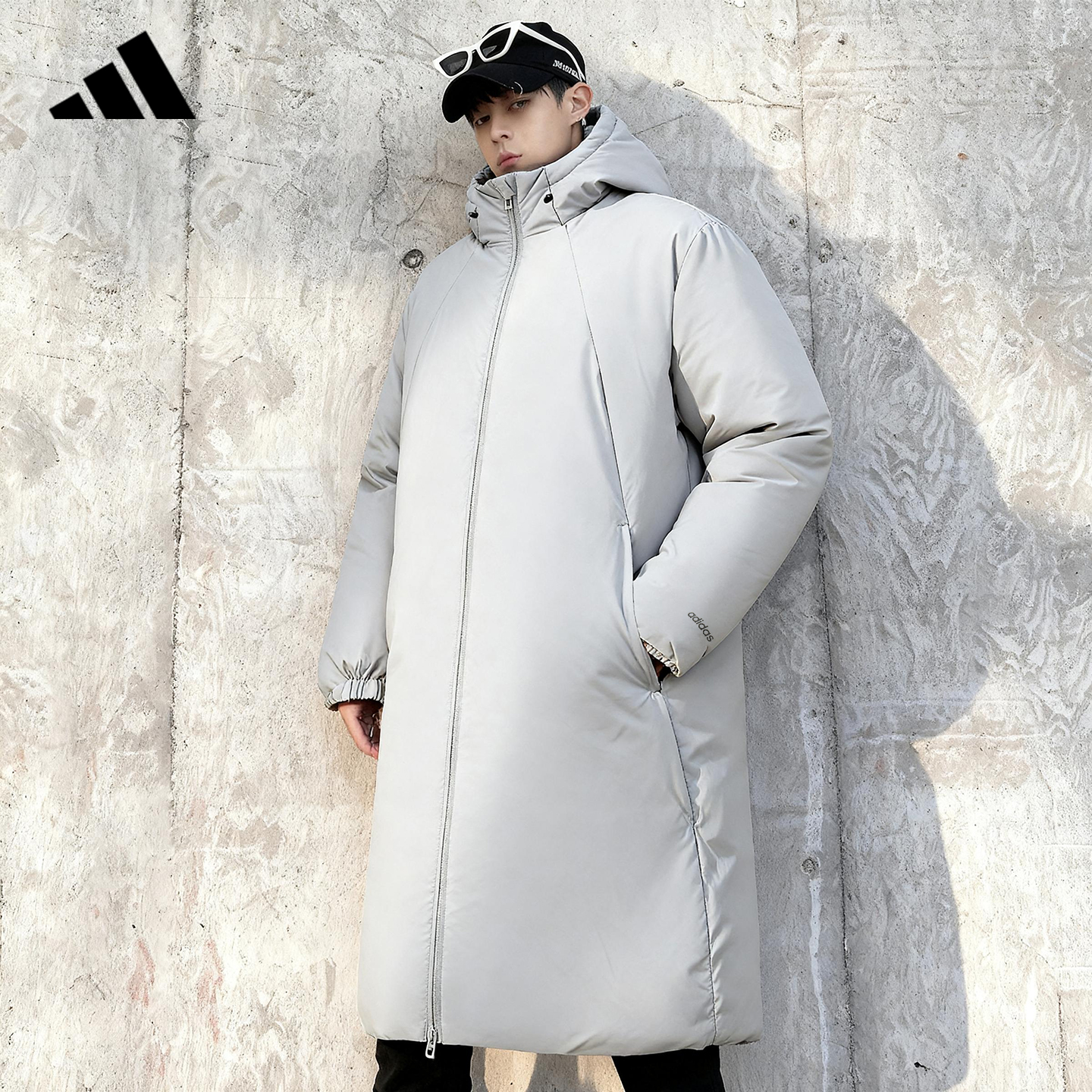 adidas阿迪达斯男士羽绒服中长款冬季新款连帽加厚鸭绒外套JL9618