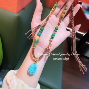 新款设计款双色线手工编织流苏菱镁矿象神公主象吊坠项链