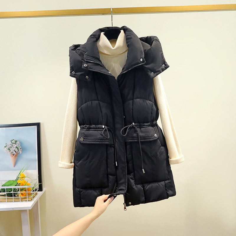 秋冬中长款可拆卸帽子棉马甲女
