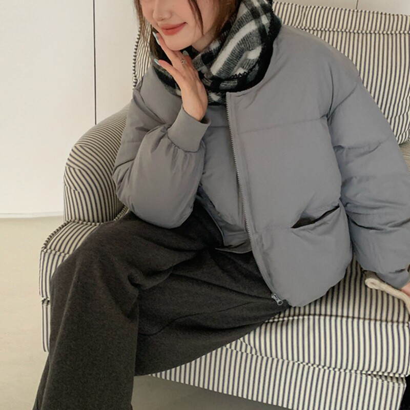 灰色韩版宽松洋气简约圆领面包服女今年新款冬季大码棉衣棉服棉袄