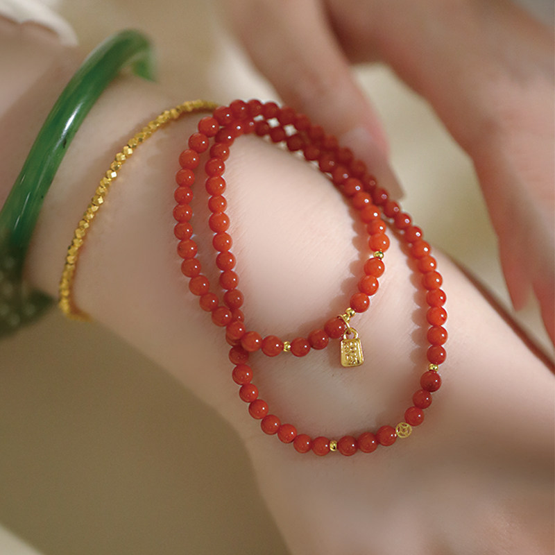 SUMOJEWEL『小焦糖』新中式红色系南红双层足金手链秋冬百搭手串