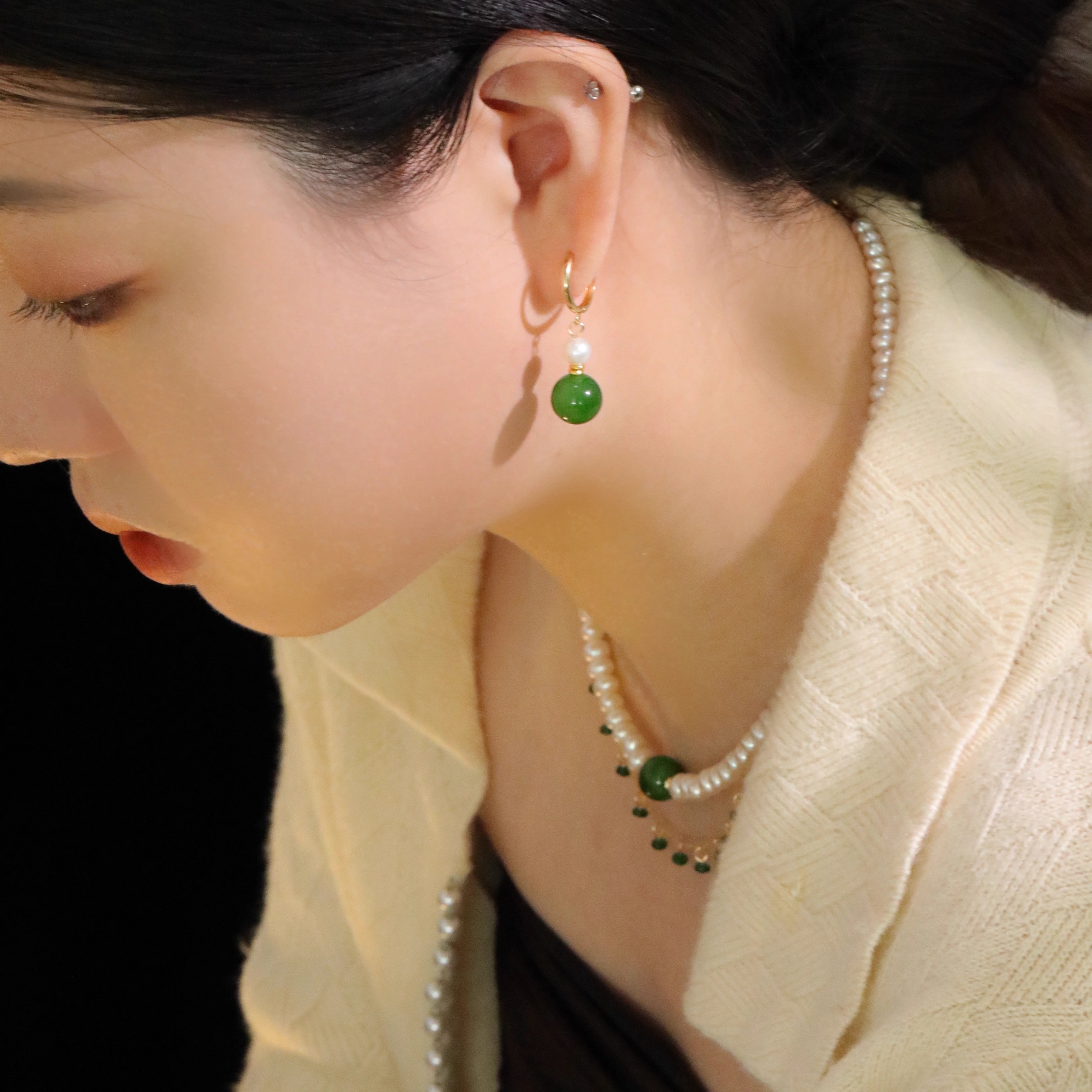 SUMOJEWEL《青黛》新中式复古文艺精致小清新珍珠碧玉耳环