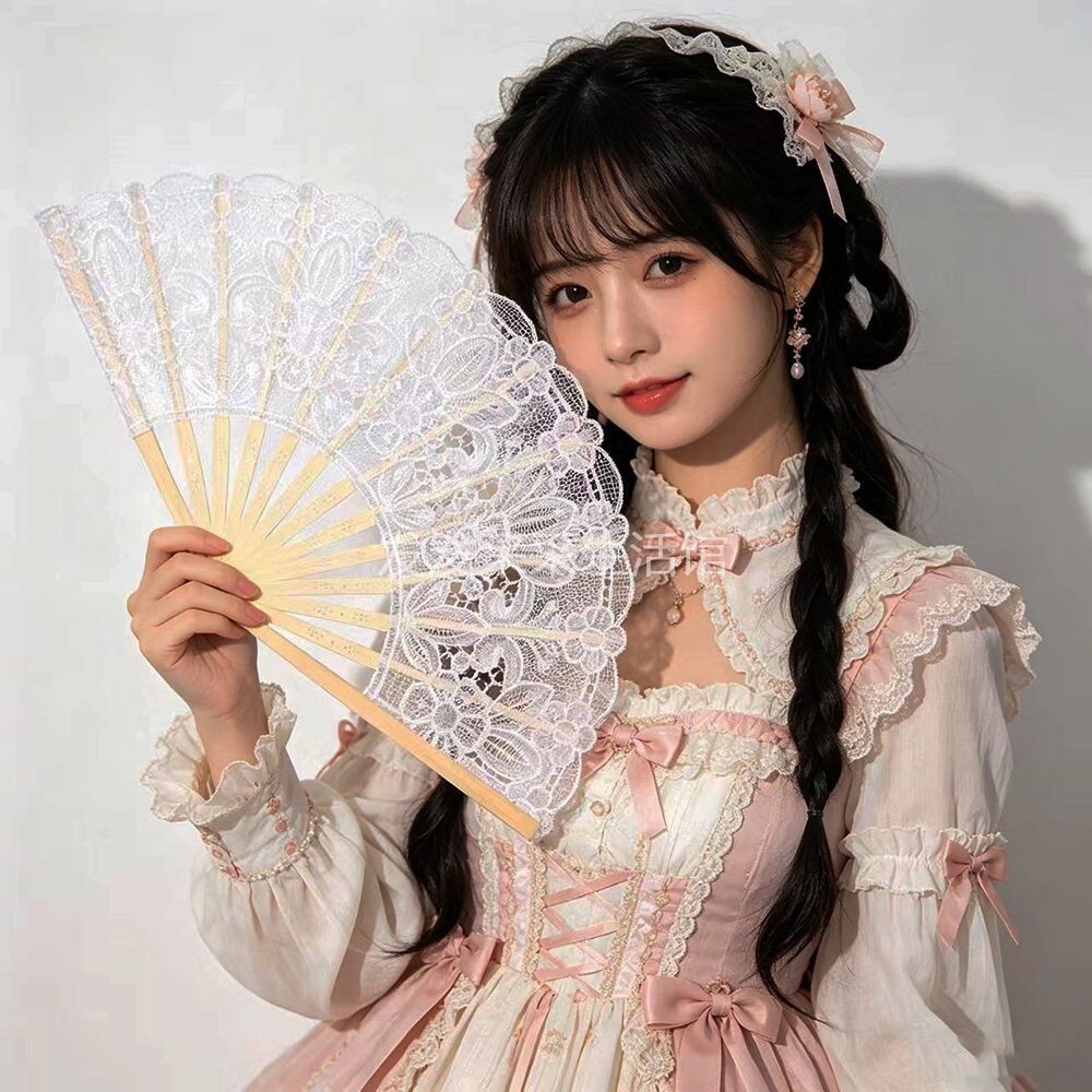 洛丽塔白色蕾丝花边扇子复