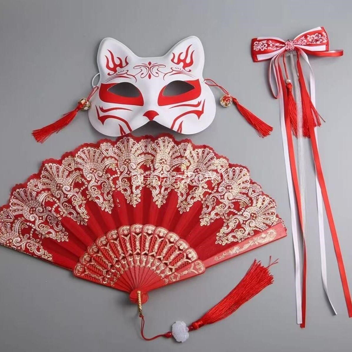 狐狸古风面具半脸发夹扇子汉服