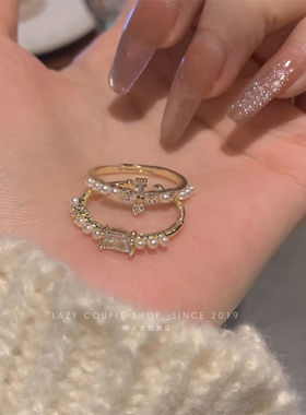 开口珍珠戒指戒指轻奢锆石少女女