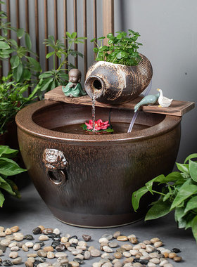 陶瓷鱼缸石槽古法养鱼水循环装饰陶罐流水造景摆件水池花园喷泉