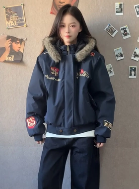 FOYGOB美式复古飞行夹克座山雕刺绣棒球服男女情侣冬季外套潮