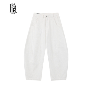 蓝布屋新疆棉14盎司重磅白色提花洗水弯刀宽松牛仔裤 KRBLDNM671