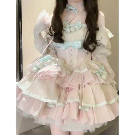 春天蓬蓬露肩连衣裙高定如心裙子奶兔长袖Lolita蝴蝶结洛丽塔公主