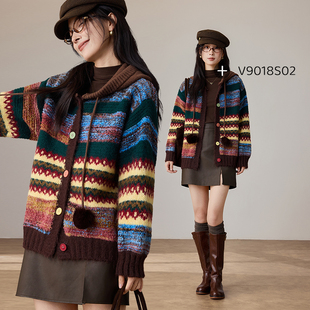 VICTORIA&VERA冬季多彩条纹开衫连帽休闲款渐变横条软糯龄外套