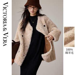 VICTORIA&VERA冬季卡其色皮毛一体外套双排扣设计100%羊毛茸感