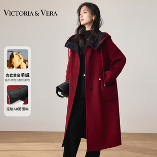VICTORIA&VERA冬季安可拉红撞色大衣连帽长款双面呢含羊绒慵懒