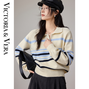 VICTORIA&VERA冬季渐变针织衫翻领横条纹设计三段式色彩过渡慵懒