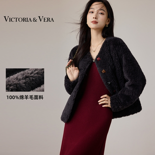 VICTORIA&VERA冬季深灰皮毛一体短外套异形彩色宝石扣100%羊毛