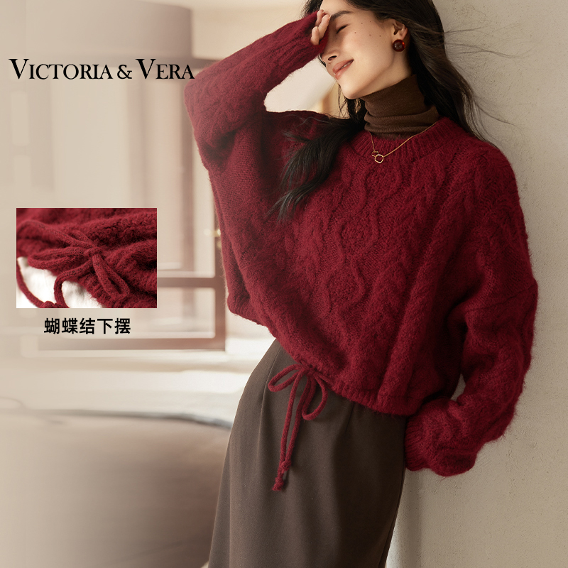 VICTORIA&VERA冬季圣诞新年款收腰麻花下摆抽绳圆领长袖针织衫