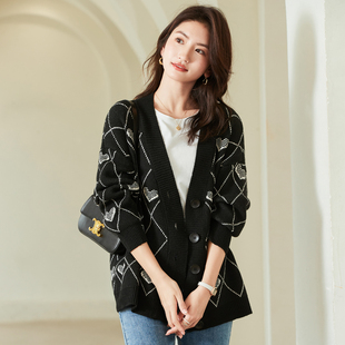 VICTORIA&VERA秋冬新款 复古菱格爱心显瘦V领宽松百搭针织开衫