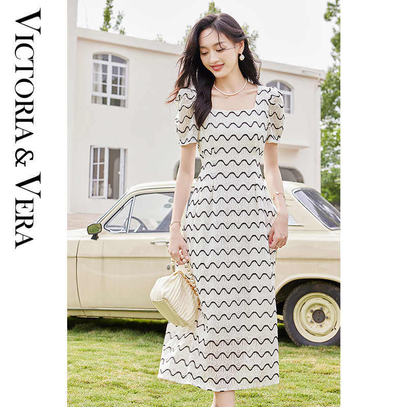 VICTORIA&VERA夏季新款法式清冷色系蕾丝波浪收腰泡泡袖连衣裙