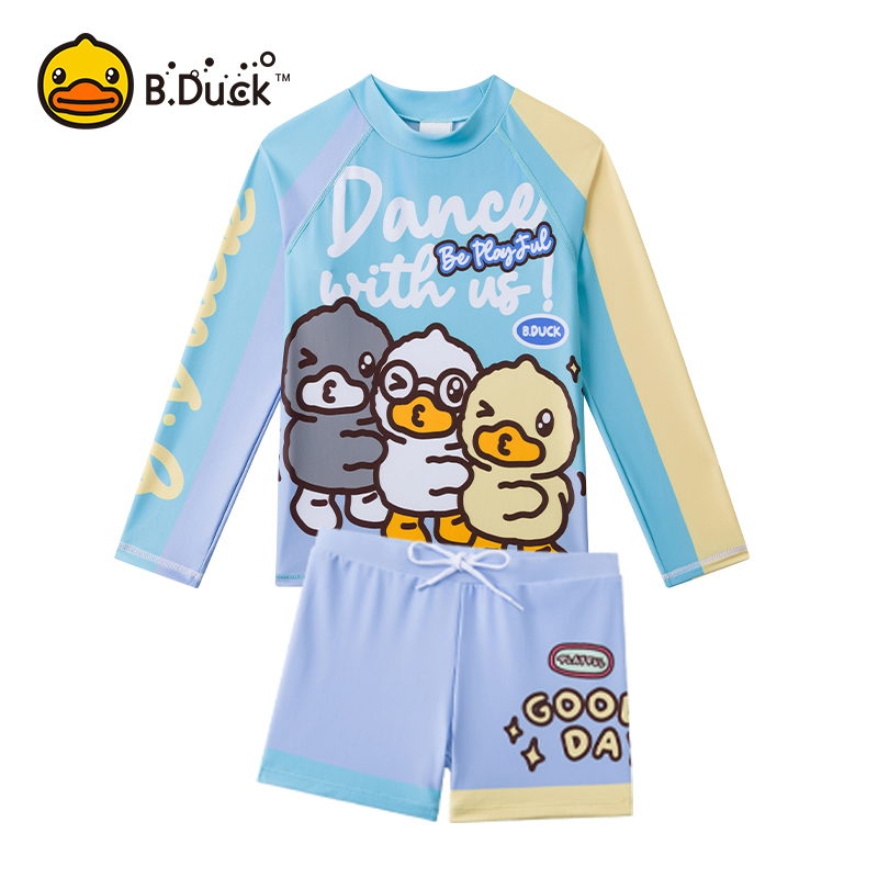 B.Duck儿童泳衣男孩新款长袖防晒青少年中大童分体游泳衣泳裤套装