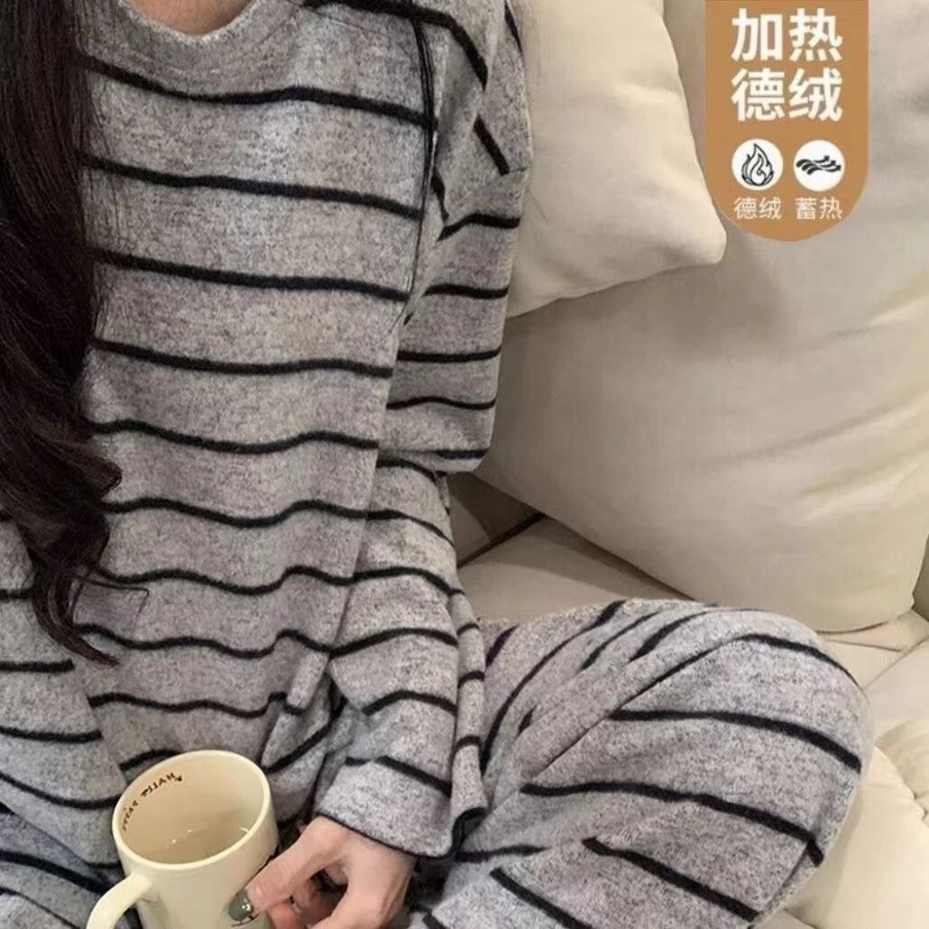 睡衣女大学生爆款2025新款秋冬德绒简约条纹长袖长裤家居服套装
