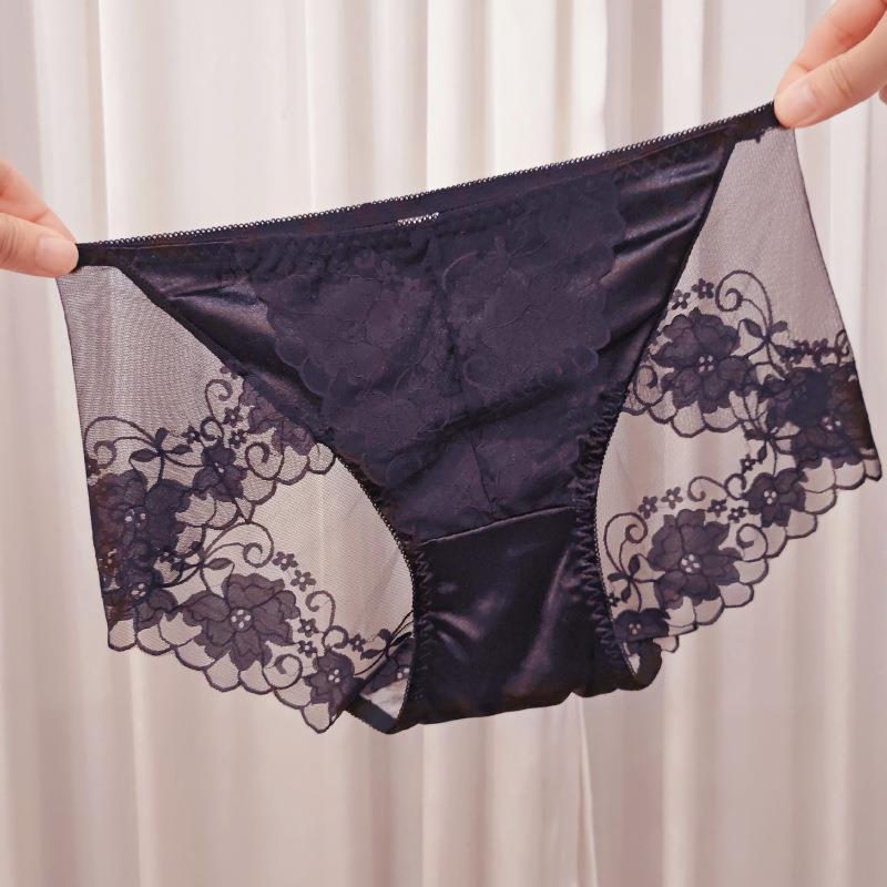 中腰蕾丝透明女内裤缎面无