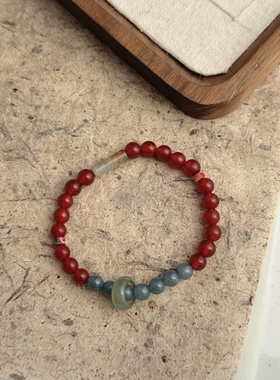 新中式复古国风天然红玛瑙蓝东陵和田玉跑环手串清冷天然石叠戴