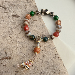 藏饰板眼天珠手链文玩仿虬角玛瑙玉髓手串财神天珠牦牛骨饰品