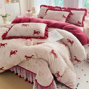 2026马年新款绒面马图案牛奶绒床盖四件套冬季双面绒被套新年床品