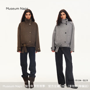 Museum Naps绵羊毛拼皮单面呢毛呢大衣短款系带廓形设计短款外套