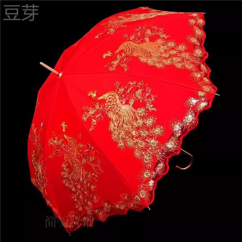 速发结全用品新娘出门大红色伞喜庆伞伞婚庆红色婚自动亮片长柄婚