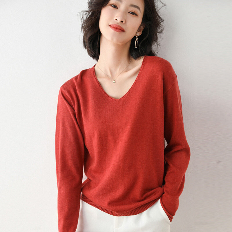 高货速发20秋季新款卷边V领毛衣女薄款宽松外穿针织衫韩版百搭长