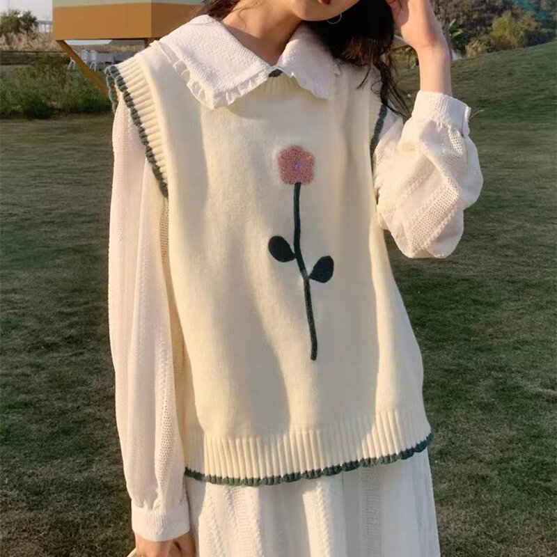 高货速发花朵刺绣圆领毛衣女 早春小清新外搭针织坎肩百搭宽松针
