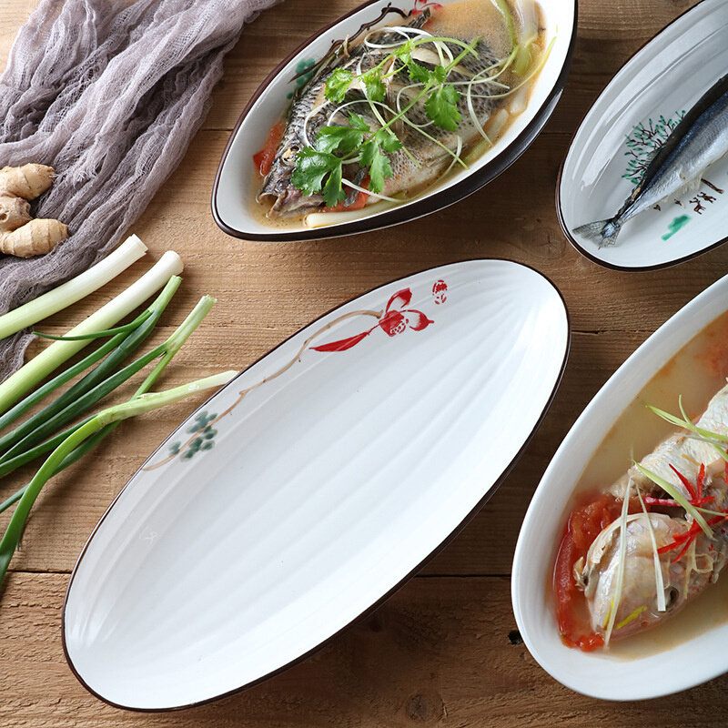 现货速发IZ4A陶瓷清蒸鱼盘大号家用餐厅装鱼碟饭店菜盘商用鱼形盘