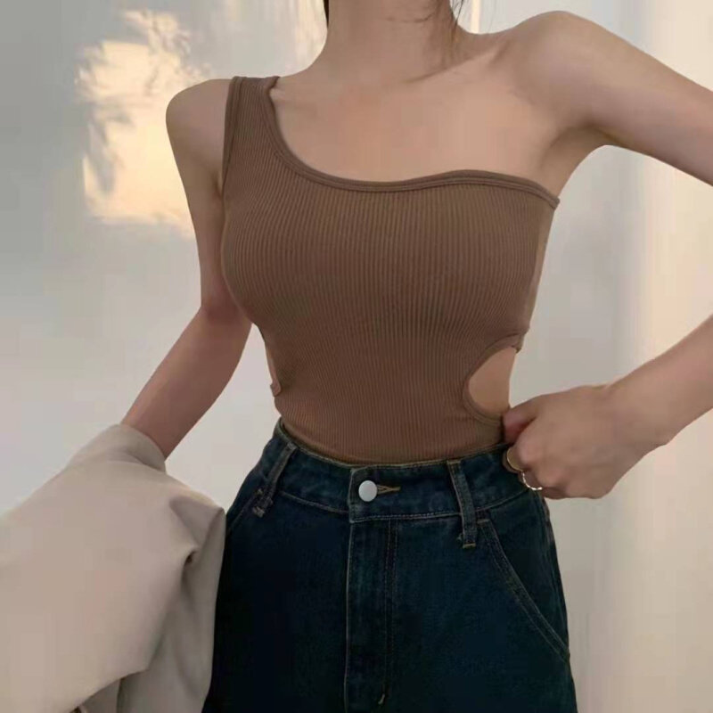 高货速发欧美性感辣妹显身材露肩不对称洋气内搭小吊带紧身背心露