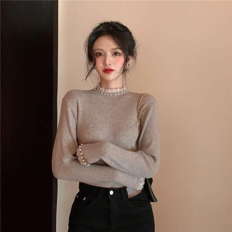 高货速发别致高级感修身圆领打底衫女蕾丝早春2024新款毛衣内搭钉
