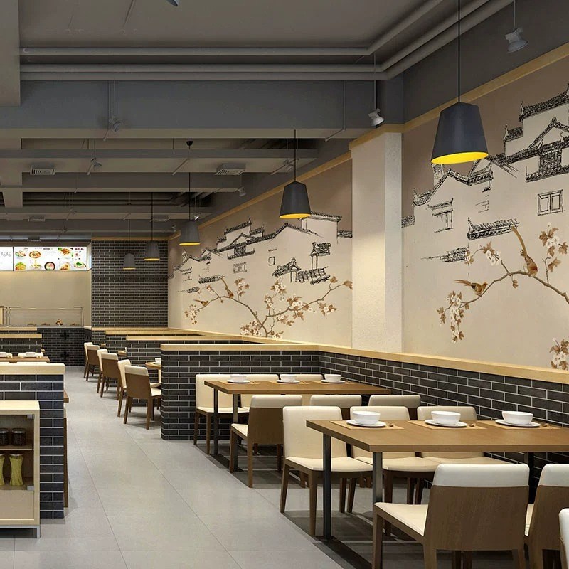 速发新中式壁纸火锅店装修餐厅饭店壁画徽派马头墙布茶馆书房装饰图片