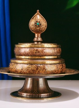 速发尼泊尔紫铜鎏金雕三八吉祥曼扎茶罗花盘七供曼扎十家用摆件