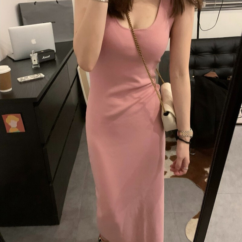 高货速发纯欲百搭长款休闲针织显瘦修身背心连衣裙打底吊带裙