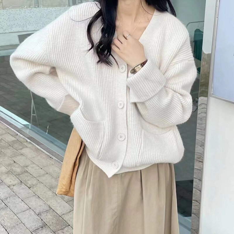 高货速发口袋糖果色V领针织开衫毛衣女2024新款韩版清新宽松长袖