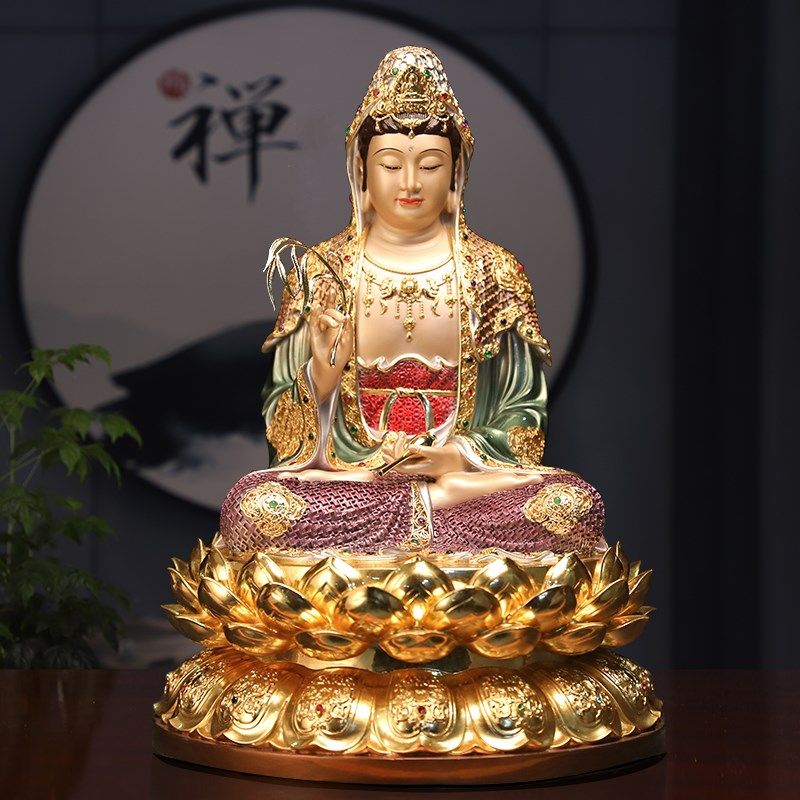 速发铜雕观音菩萨摆用供奉彩绘海铜贴金南纯观音佛像客厅家件