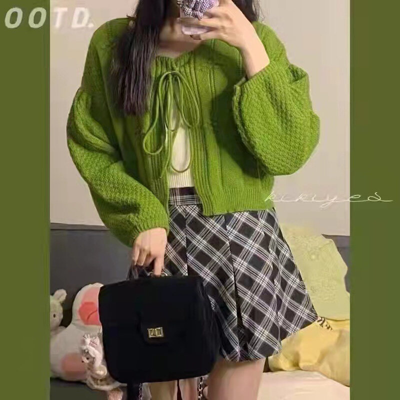 高货速发绿色绑带针织开衫女短款春季新款韩系灯笼袖毛衣外套小众