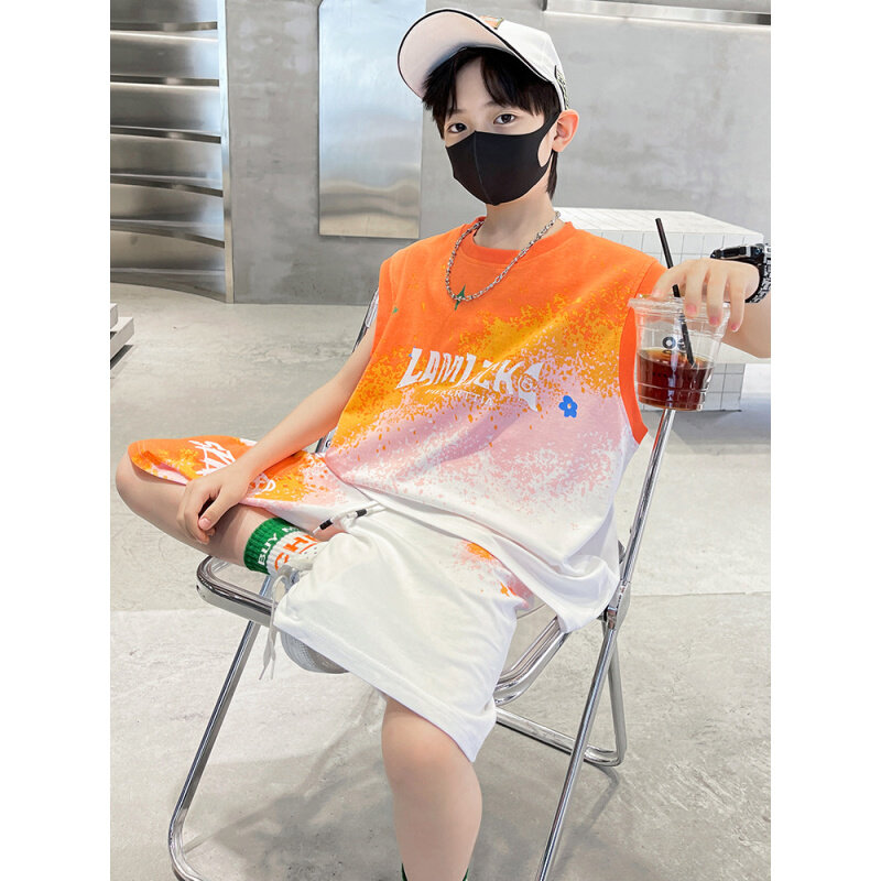 高货速发儿童套装夏季运动服2024新款中大童男孩夏装渐变无袖上衣