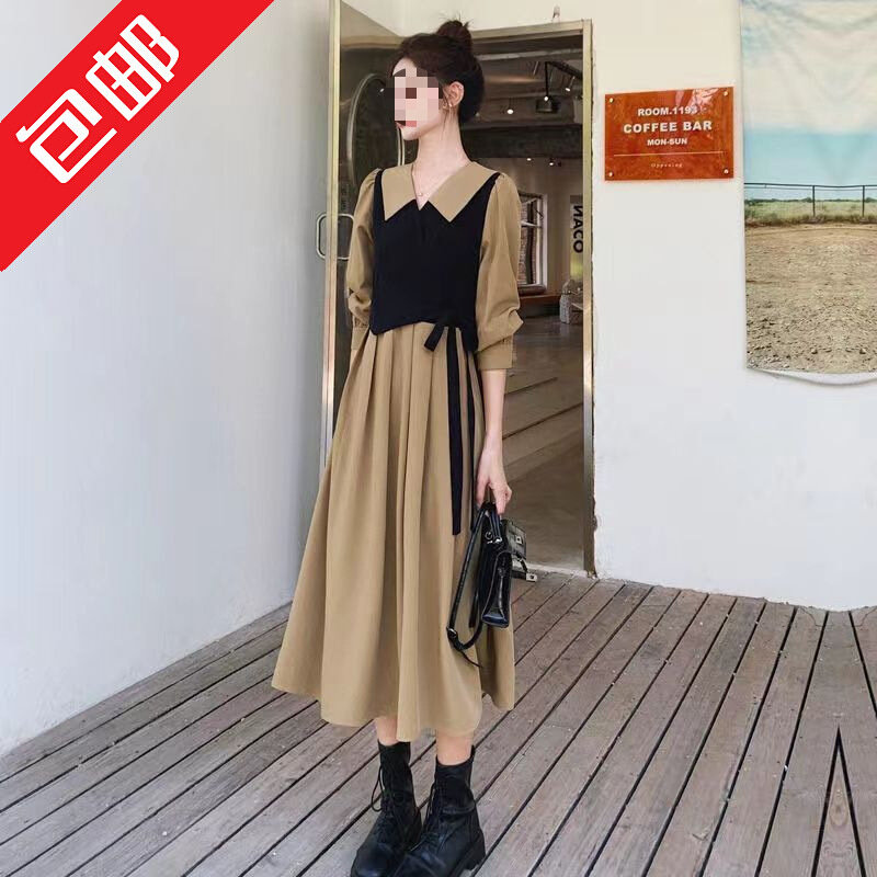 高货速发包邮法式复古长袖假两件连衣裙女2023春季新款气质显瘦赫